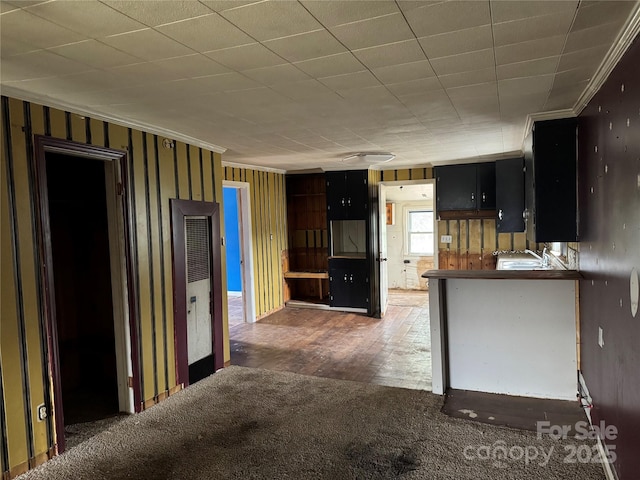 kitchen with crown molding, a peninsula, dark cabinets, and carpet floors