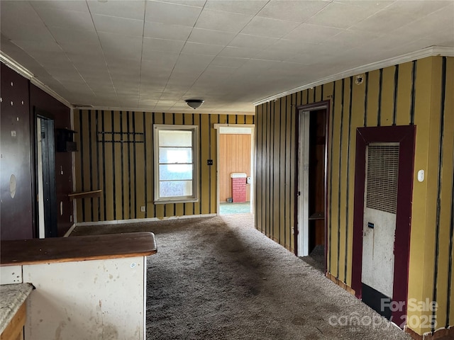 interior space featuring carpet floors, a heating unit, and ornamental molding