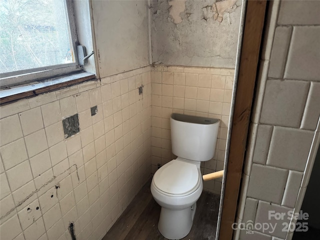 bathroom featuring tile walls, toilet, and wood finished floors