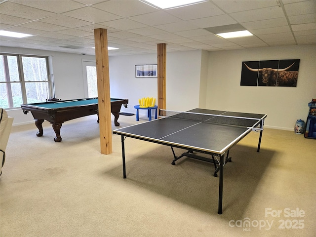 recreation room featuring carpet flooring, billiards, and a paneled ceiling