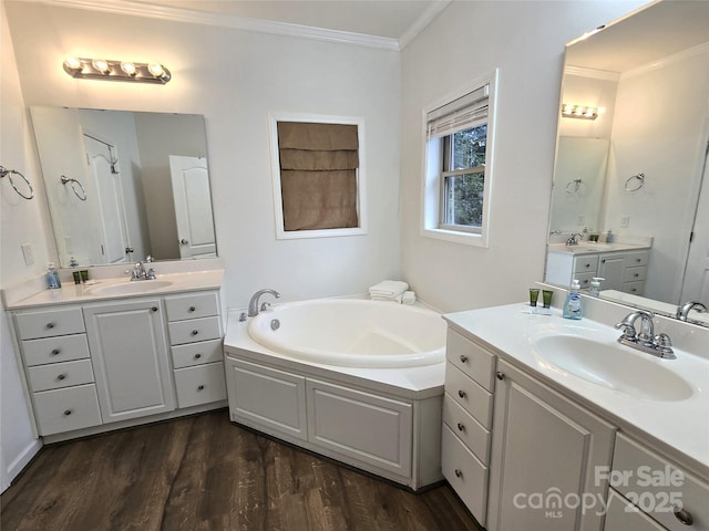 bathroom featuring a sink, wood finished floors, and crown molding