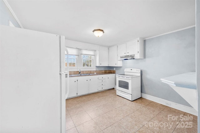 kitchen with white appliances, baseboards, a sink, white cabinets, and under cabinet range hood