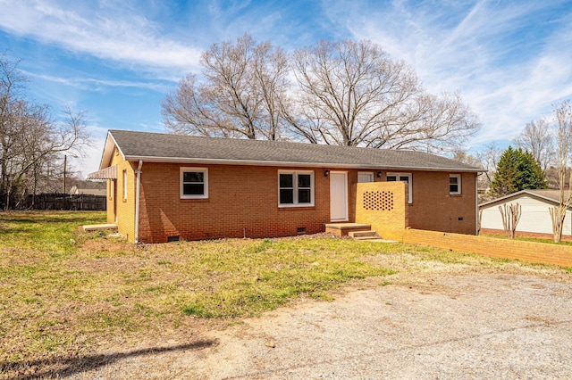 single story home with crawl space, fence, brick siding, and roof with shingles