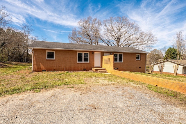 single story home with brick siding and crawl space