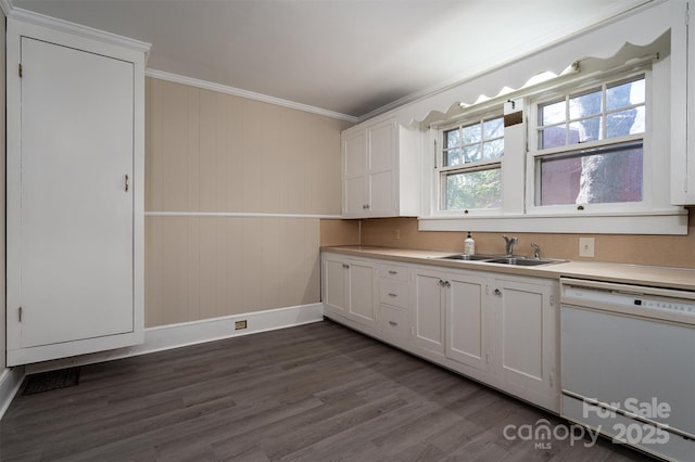 kitchen with a sink, light countertops, ornamental molding, white dishwasher, and dark wood-style flooring