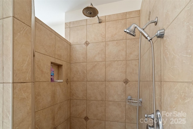 interior details featuring a tile shower