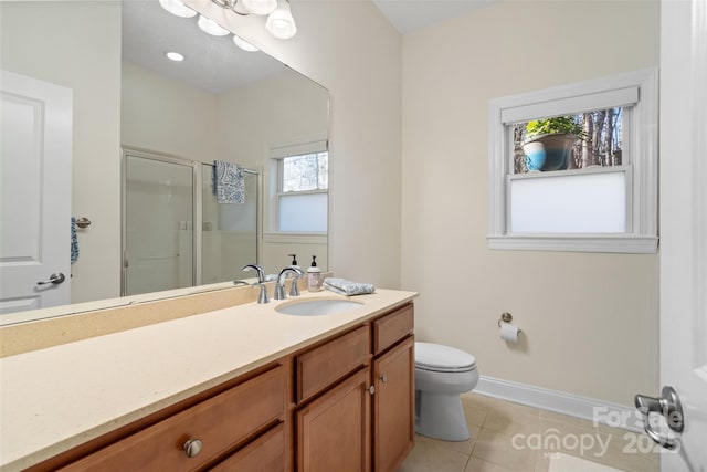 bathroom featuring vanity, baseboards, a stall shower, tile patterned flooring, and toilet