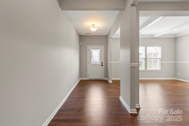 entryway with baseboards, a healthy amount of sunlight, and dark wood-style flooring