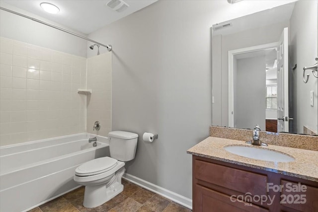 bathroom with visible vents, shower / bathtub combination, toilet, and vanity