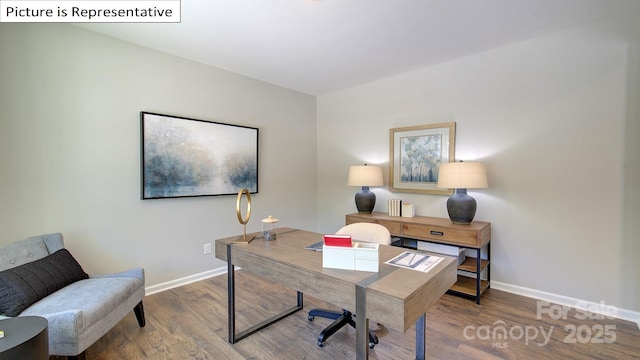 home office with baseboards and wood finished floors