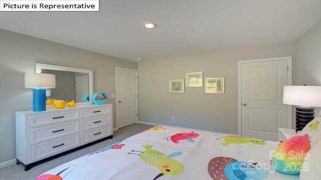 carpeted bedroom with recessed lighting and baseboards