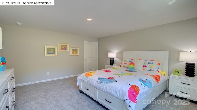 bedroom featuring carpet flooring, recessed lighting, and baseboards