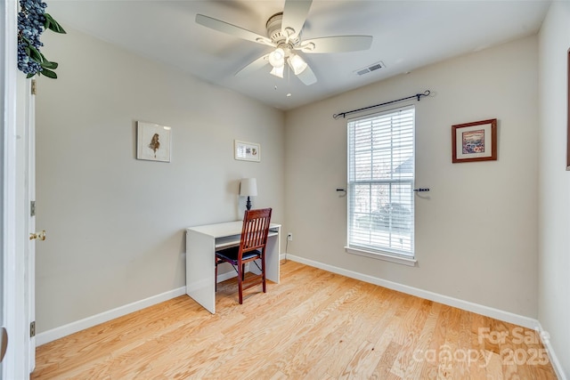 office area with visible vents, baseboards, a ceiling fan, and wood finished floors