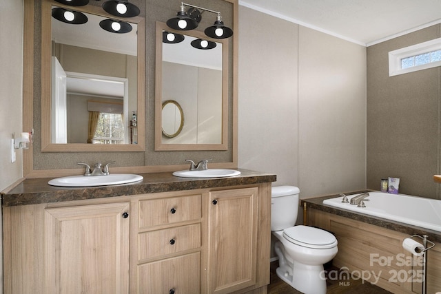 bathroom with a bathtub, double vanity, toilet, and a sink