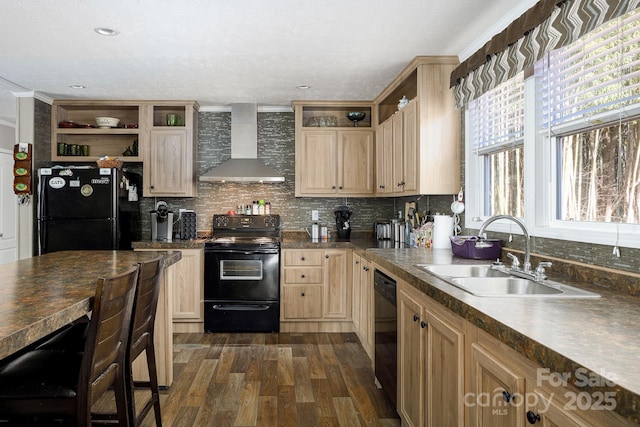 kitchen with open shelves, black appliances, a sink, and wall chimney range hood