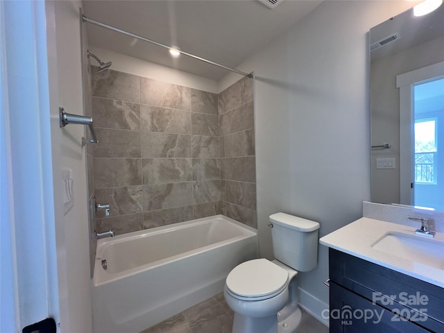 bathroom with shower / bathing tub combination, visible vents, toilet, and vanity