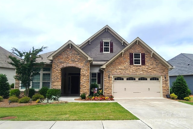17436 Langston Dr, Charlotte, NC 28278 - craftsman house with stone siding, driveway, a front lawn, and a garage