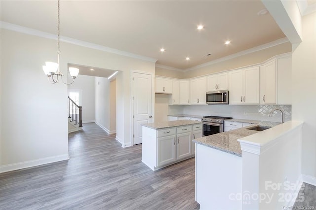 kitchen with light wood finished floors, light stone countertops, ornamental molding, appliances with stainless steel finishes, and a sink