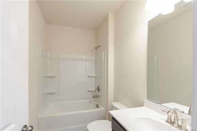 full bathroom with visible vents, shower / bathtub combination, toilet, and vanity