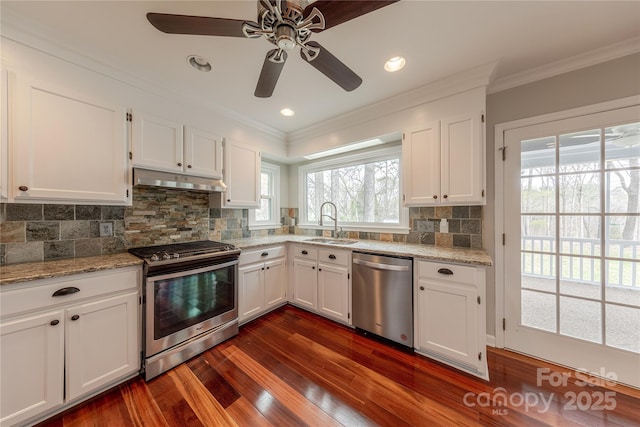 kitchen with crown molding, under cabinet range hood, a sink, a ceiling fan, and appliances with stainless steel finishes