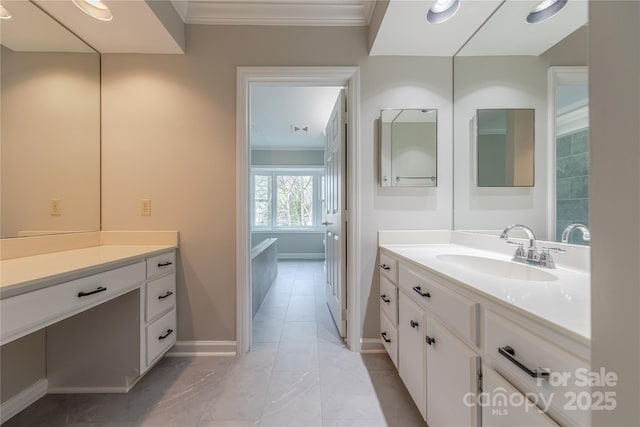 full bath featuring marble finish floor, baseboards, crown molding, and vanity