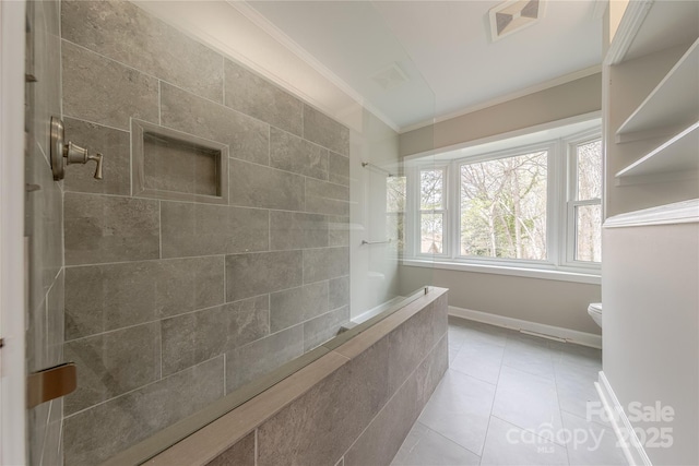 full bath featuring ornamental molding, toilet, tile patterned flooring, and walk in shower