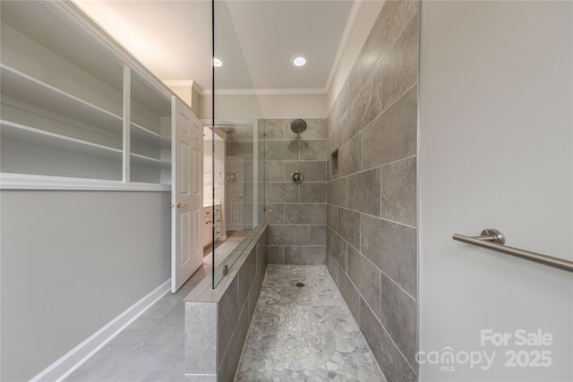 full bathroom with baseboards, ornamental molding, recessed lighting, and walk in shower