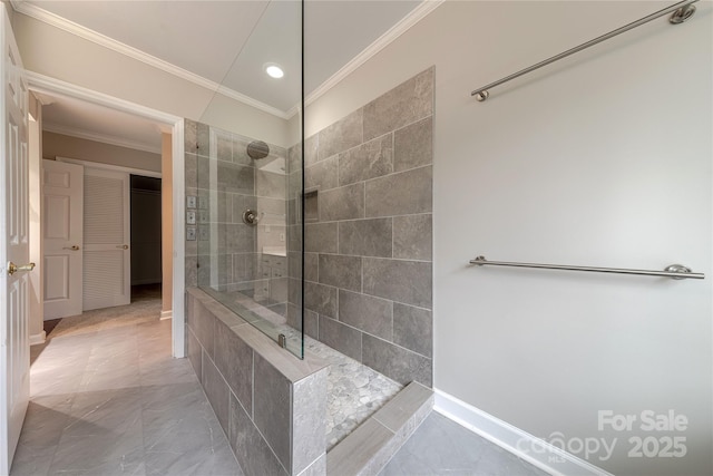 full bathroom with recessed lighting, crown molding, and a walk in shower