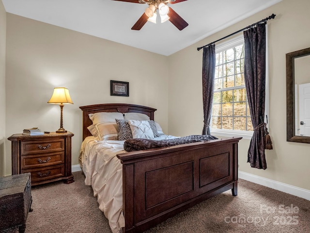 bedroom with baseboards, light colored carpet, and ceiling fan