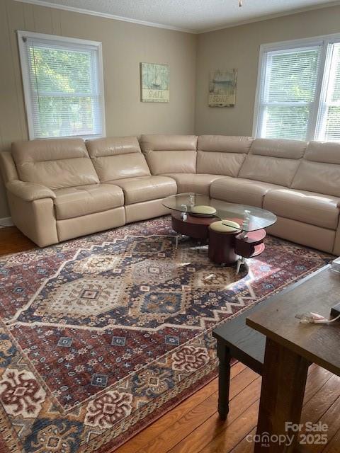 living room featuring a healthy amount of sunlight, wood finished floors, and crown molding