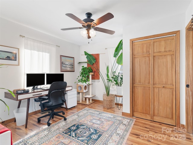 office space featuring light wood-style flooring, a ceiling fan, and baseboards