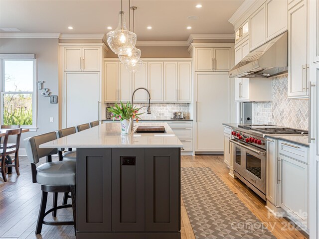 kitchen with a kitchen island with sink, under cabinet range hood, a sink, crown molding, and range with two ovens