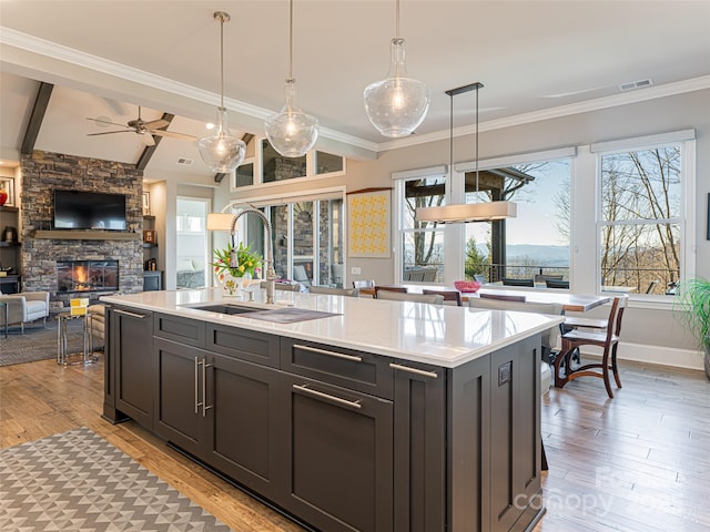 kitchen with light wood finished floors, open floor plan, light countertops, a stone fireplace, and a sink