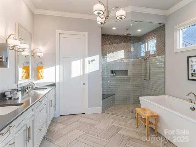 full bathroom with a sink, ornamental molding, and a shower stall