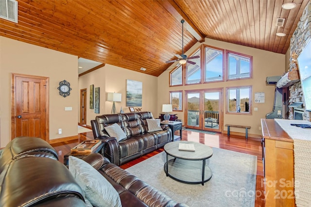 living area with visible vents, high vaulted ceiling, wood finished floors, french doors, and wooden ceiling