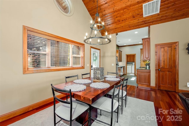 dining space with visible vents, dark wood-type flooring, baseboards, recessed lighting, and wooden ceiling