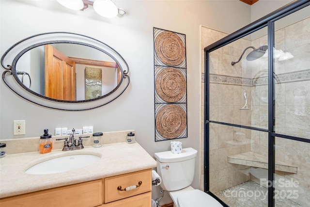 bathroom with toilet, a stall shower, and vanity