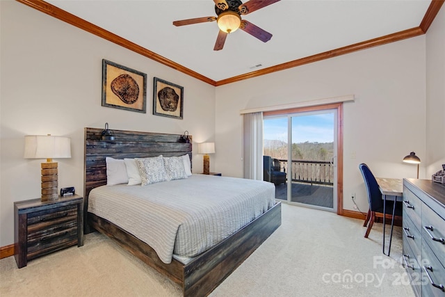 bedroom with baseboards, visible vents, access to exterior, light carpet, and crown molding