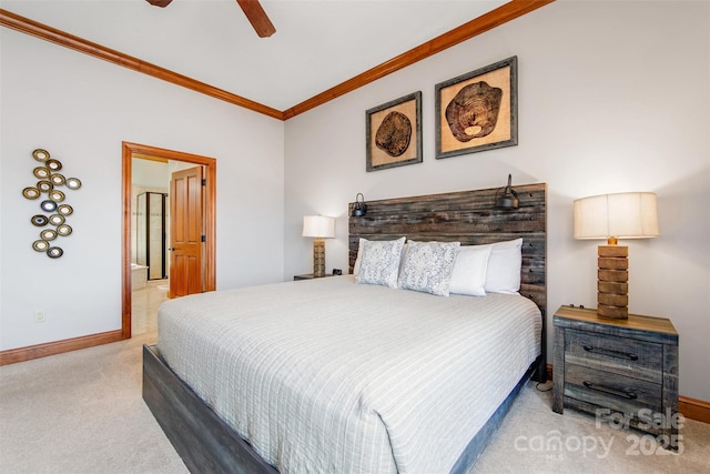 carpeted bedroom with crown molding, baseboards, and ceiling fan