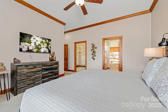 bedroom featuring a ceiling fan, baseboards, ensuite bathroom, crown molding, and light colored carpet