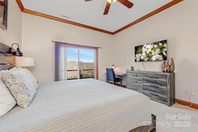 carpeted bedroom with visible vents, ornamental molding, access to outside, baseboards, and ceiling fan