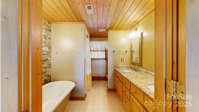 1620 London Rd, Mooresville, NC 28115 - full bathroom featuring wood ceiling, a freestanding bath, double vanity, tile patterned flooring, and baseboards