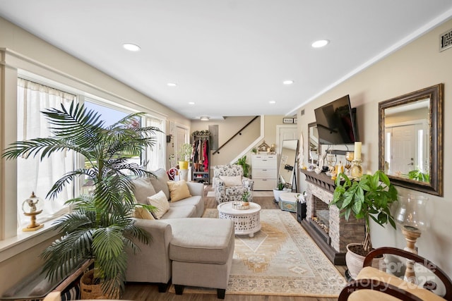 1620 London Rd, Mooresville, NC 28115 - living room with wood finished floors, recessed lighting, and a fireplace