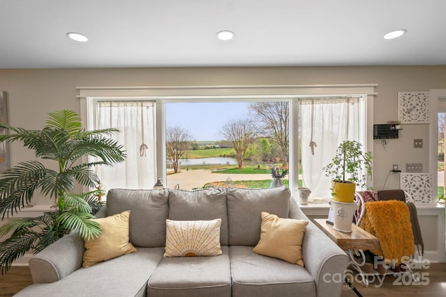 1620 London Rd, Mooresville, NC 28115 - living area with a water view, wood finished floors, plenty of natural light, and recessed lighting