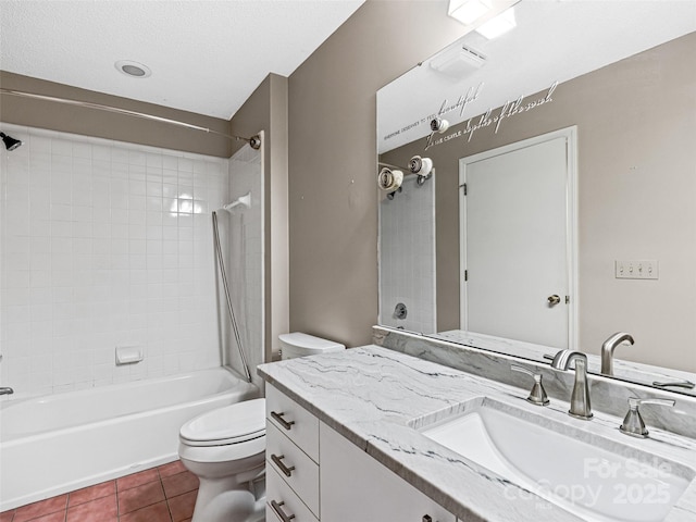 bathroom with tub / shower combination, toilet, tile patterned floors, a textured ceiling, and vanity