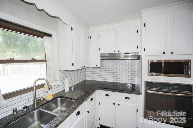 kitchen with under cabinet range hood, a sink, white cabinetry, appliances with stainless steel finishes, and decorative backsplash