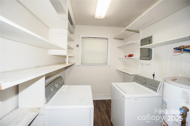 laundry area with washer and dryer, dark wood-style floors, laundry area, and water heater