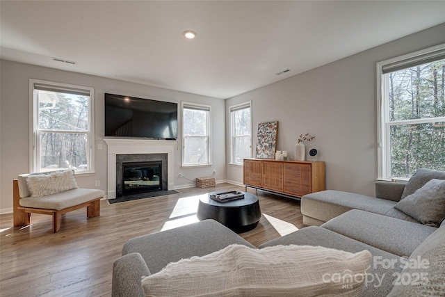 living room featuring a fireplace with flush hearth, wood finished floors, visible vents, and baseboards