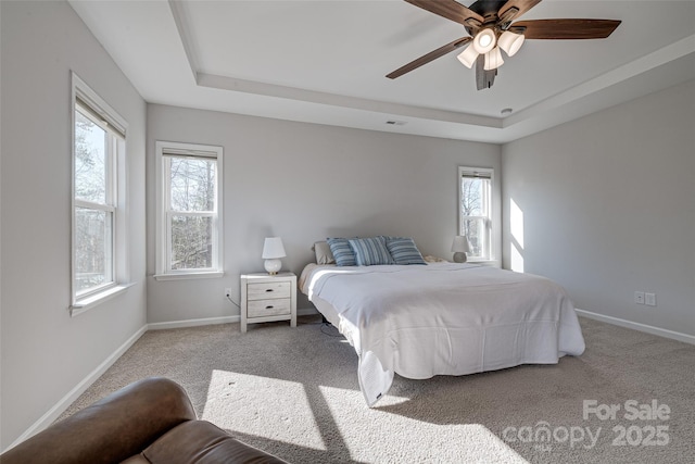 carpeted bedroom with multiple windows, a raised ceiling, and baseboards