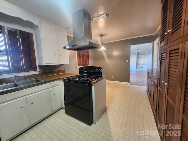 kitchen with crown molding, light floors, island range hood, electric range, and a sink